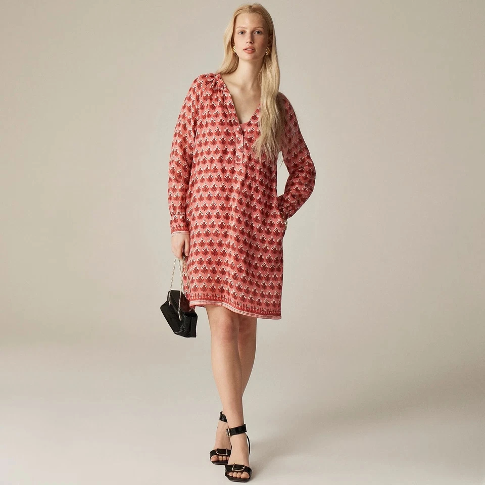 Novo com etiquetas!! J. Mini Vestido CREW Cabana Estampa Bloco Ramie Coral Multi Cobertura Tamanho 2X - Imagem 4 de 4