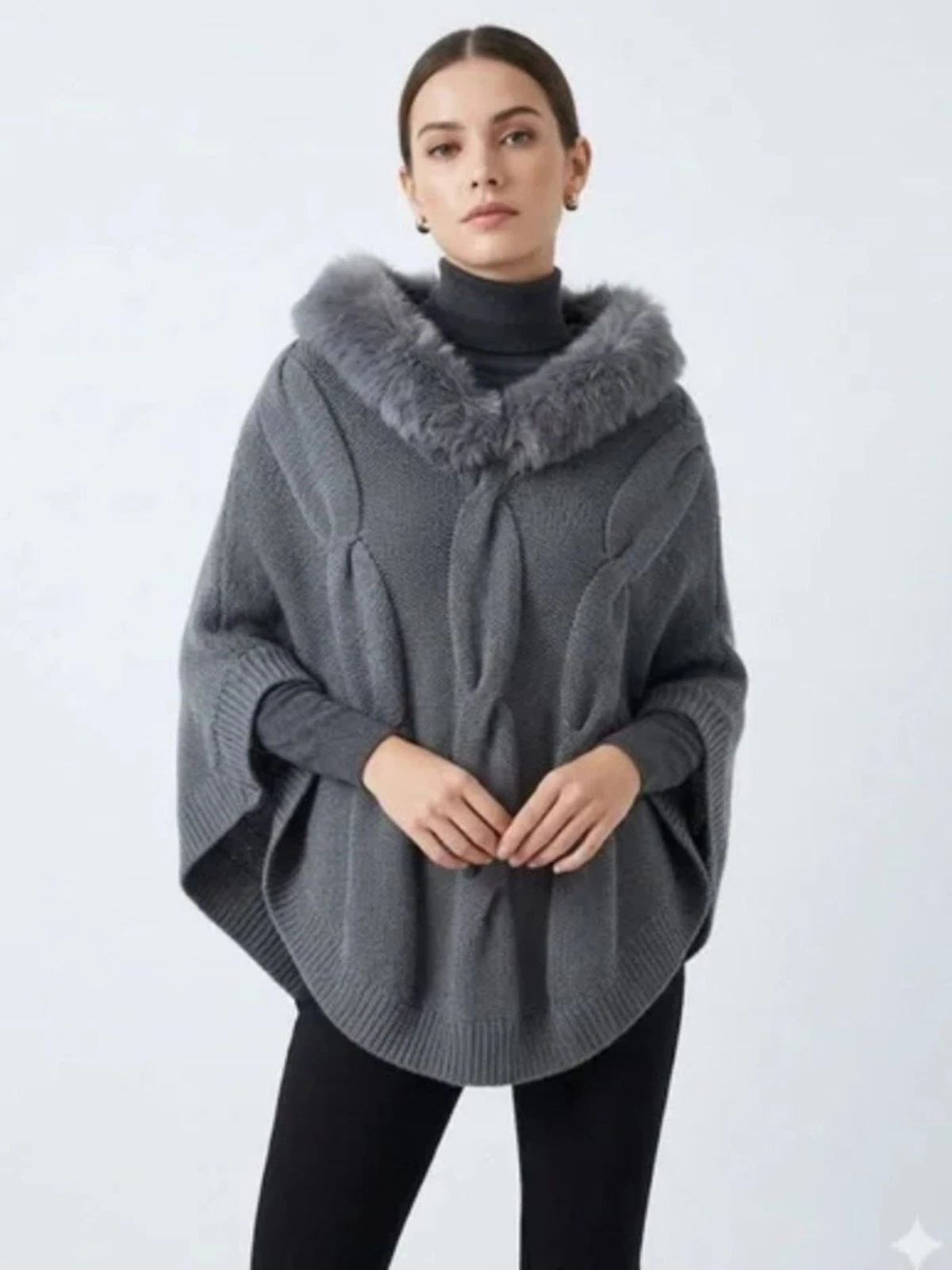 J. McLaughlin Merino Wool Cableknit Poncho with Rabbit Fur Hood size XS/S
