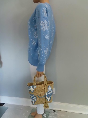 PRADA Natural Raffia/Blue & White Flowers Hamptons Small Tote Bag