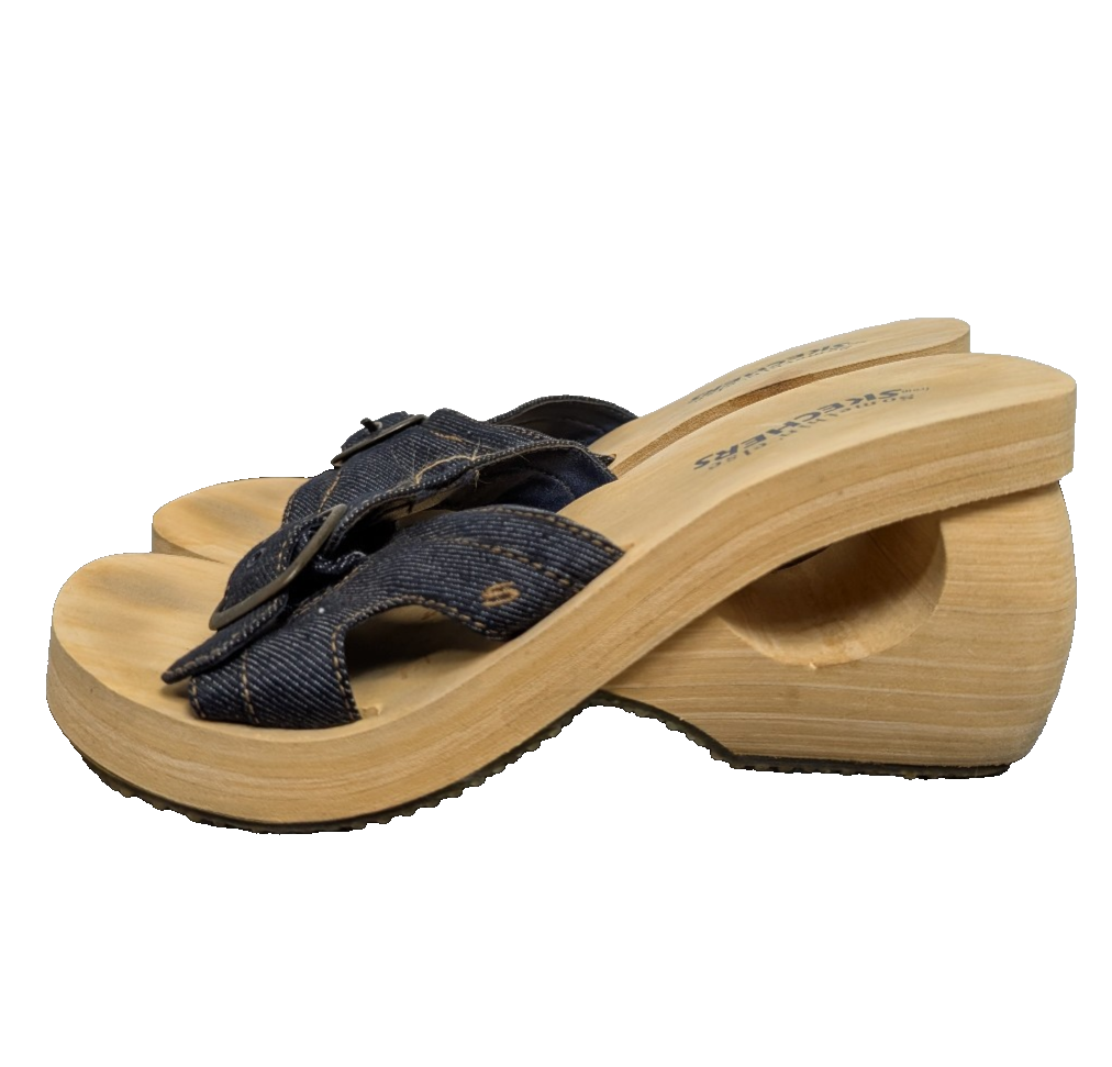 Vintage Sketchers Sandals Womens 8 Denim Buckle Y2K Platform Square Toe 90s