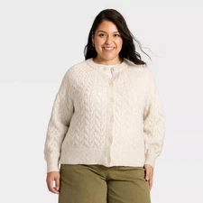 Women's Button-Front Cable Knit Cardigan Sweater - Ava & Viv Oatmeal 3X