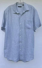 Saks Fifth Avenue Men Pale Blue Short Sleeve 100% Linen Button Down Shirt Size L