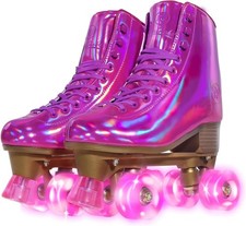 Roller Skates Women Magenta Holographic High Top PU Leather Rollerskates Shiny