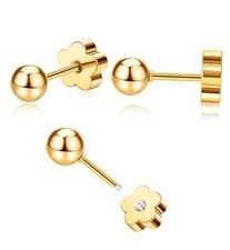G23 Titanium Flower Screw Back Ball Earrings for Sensitive Skin Gold Tone 4mm