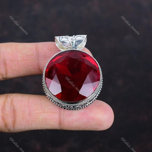 925 Sterling Silver Mozambique Garnet Stone Birthday Vintage Bezel Boho Pendant - Picture 3 of 6