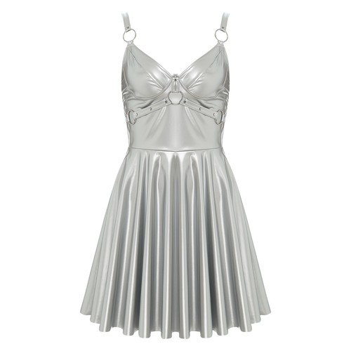 Damen Wetlook Lackleder Kleid V Ausschnitt Ärmellos A-Linie Rock Clubwear - Bild 36 von 75