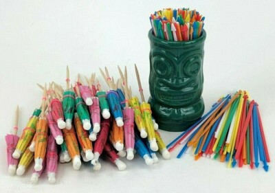 Ceramic Tiki Face Teal Green 2oz Shot Glass Cocktail Pick Drink Umbrella Holder 