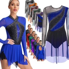 Women's Color Block Lyrical Dance Dress Long Sleeve Rhinestone Skating Costume