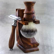 3 Pieces Wooden Shaving Set For Men's With Synthetic Hair Brush DE Safety Razor.
