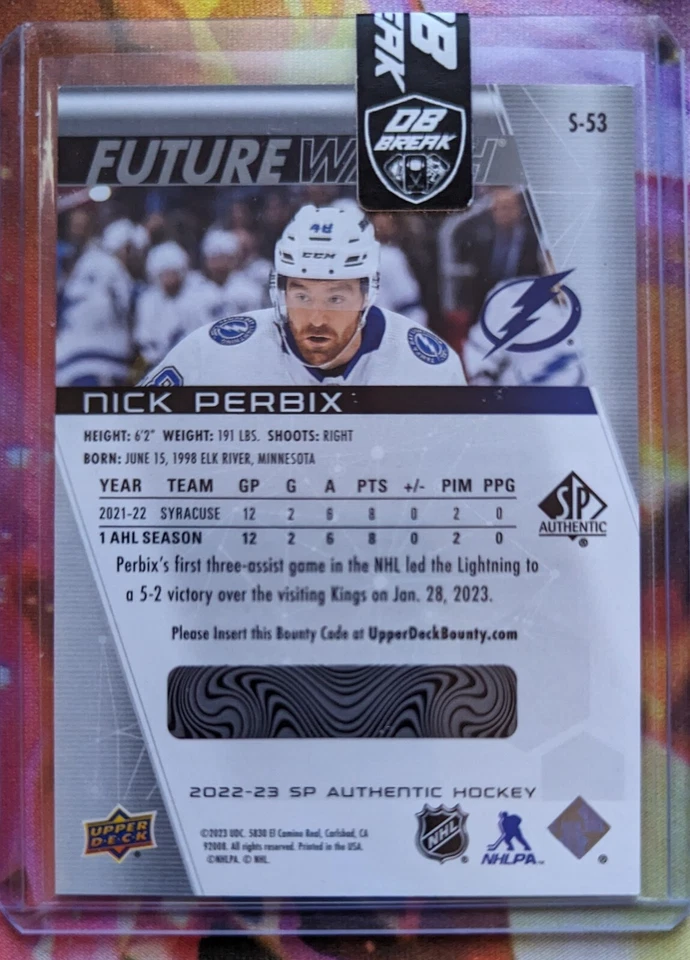 2022-23 UD SP Authentic Nick Perbix #S-53 Spectrum FX Future Watch Tampa Bay - Image 2 of 2