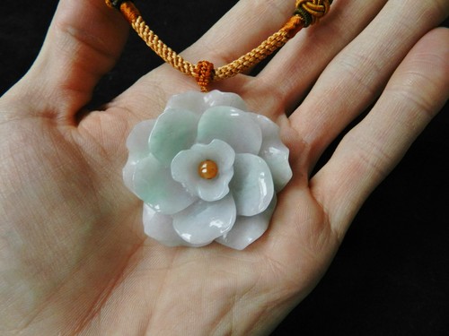Chinese White Ice Jade Flower Pendant Necklace Silk Hetian Jadeite 29g - Picture 8 of 9