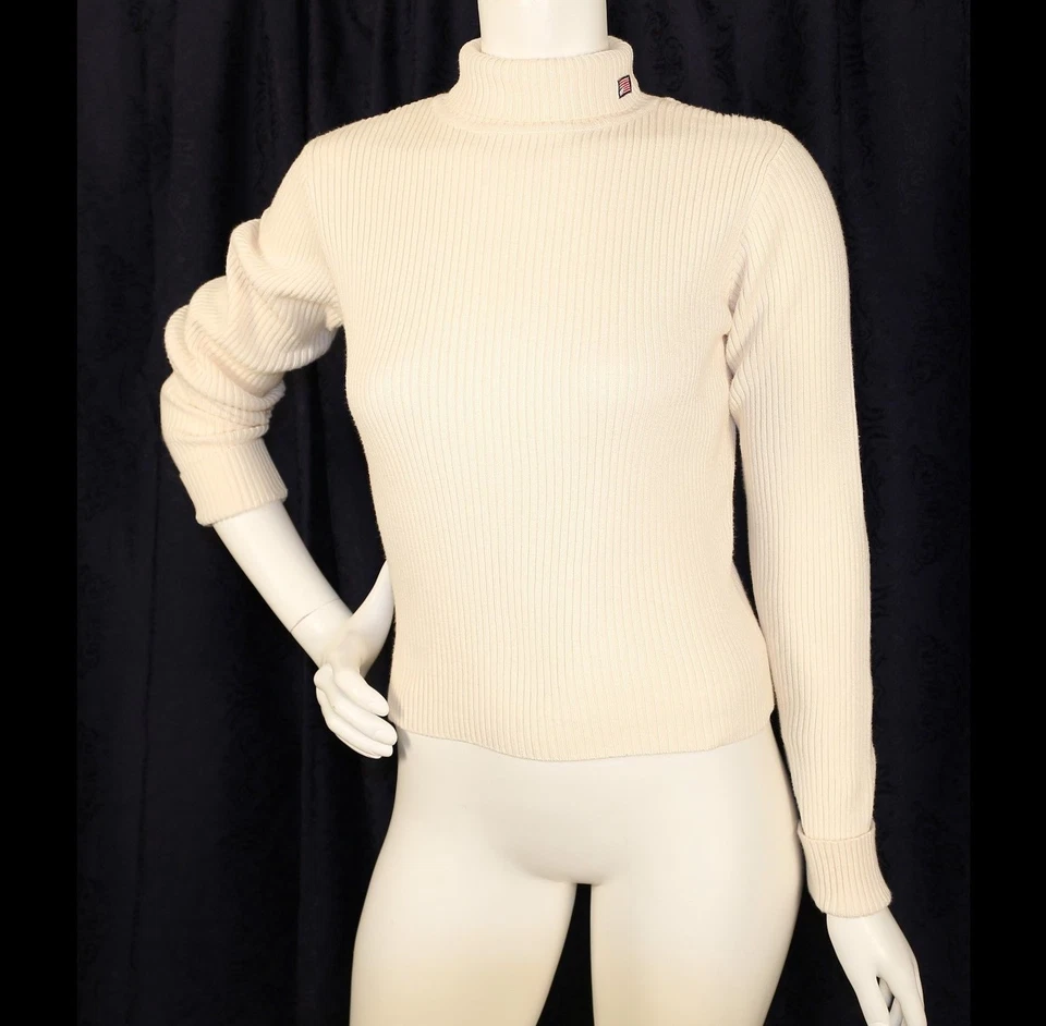 Suéter de cuello alto Ralph Lauren etiqueta negra marfil algodón liso para mujer talla L Foto 3 de 4