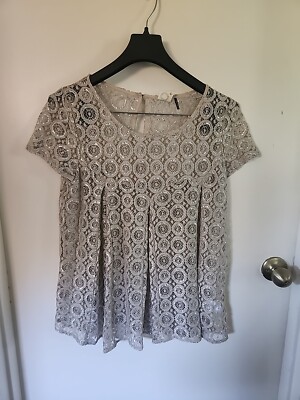 Anthropologie Akemi Kin Top Small PvCream Lyra Lace Metallic Silver Coquette Euc