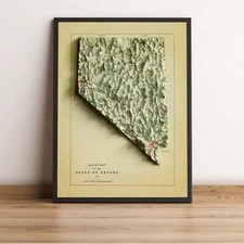 Nevada Map, Nevada 2D Relief Map, Nevada Vintage Map - 2D Flat Print