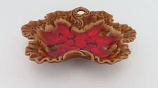 Vtg Flower Shaped Trinket Dish Red Brown Feathered Glaze Japan 9"dia Read