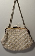 Vintage Beaded Ivory Cocktail Evening Bag With Clasp Hong Kong 5" x 7.5"