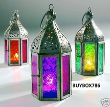 INDIAN MOROCCAN MINI IRON & TONAL GLASS LANTERN TEA LIGHT HOLDER HOME & GARDEN