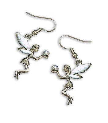 Pixie Fairy with Crystal Ball and Sparkling Wings Dangle Earrings #989