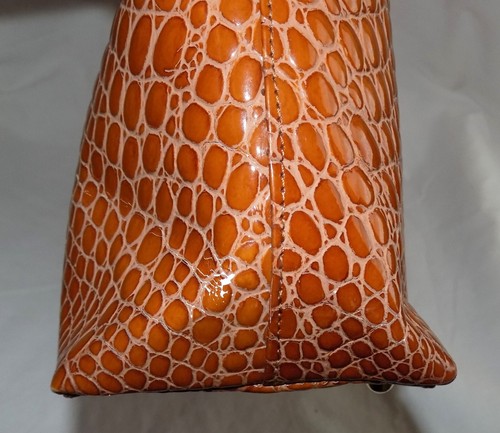 Frame Bag Leather Croc-Stamped Tan Dbl Handles Shoulder Strap Tiziana "Ligator" - Picture 17 of 21