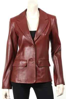 Women's Burgundy Pure Lambskin Leather Blazer Two Button Jacket Casual Suit Coat