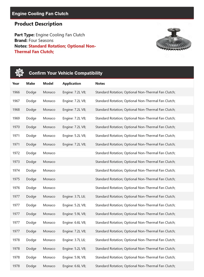 For 1966-1978 Dodge Monaco Engine Cooling Fan Clutch 4 Seasons 1967 1968 1969 - Image 2 of 4