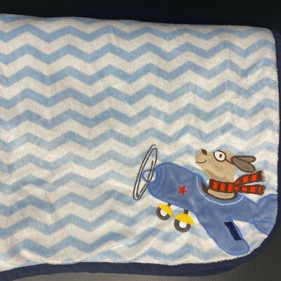 Carters Blue White Chevron Baby Blanket Dog Flying Airplane Brown Sherpa Lovey