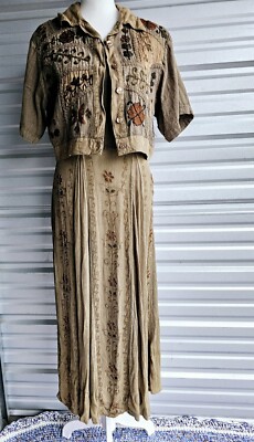 Vintage Embroidered Maxi Dress Sage Green Sz M with a jacket Sz L