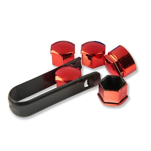 17mm Metallic Red x4 Wheel Nut Covers and 1 x 23.5mm Locking wheel nut cover
