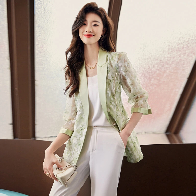 Women's Suit Coat Printed Mesh Suit Jacket Thin Summer One Button Casual Jackets - Image 3 of 4