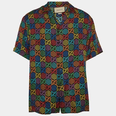 Gucci Multicolor Psychedelic Logo Print Silk Bowling Shirt L