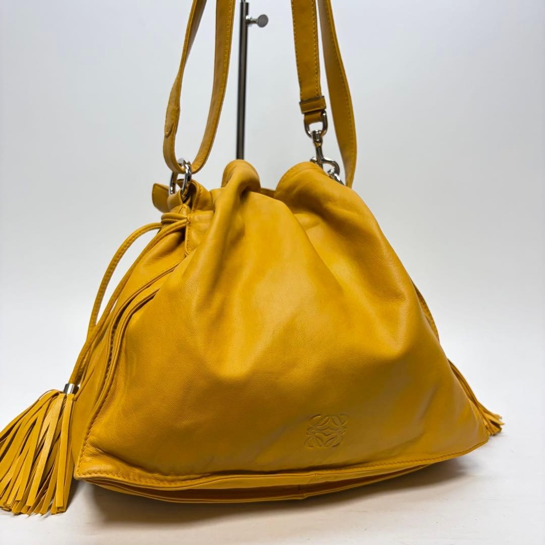LOEWE Flamenco Nappa Shoulder Bag Mustard Anagram Tassel Drawstring Authentic