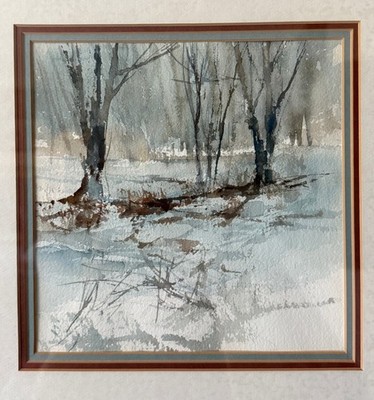 Vintage Impressionist  Russian Winter Snowscape Landscape Watercolor Painting MC