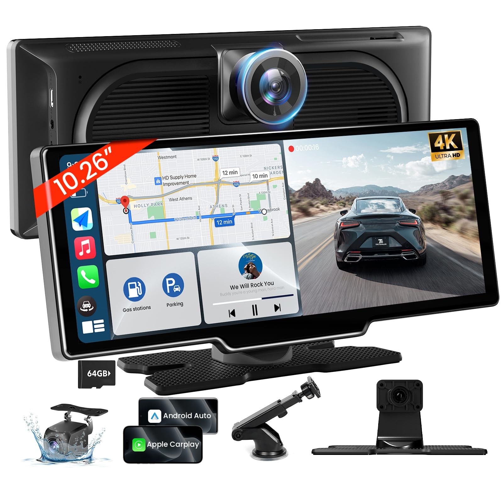 10.26" Wireless CarPlay Screen with 4K Dash Cam & 1080P Back