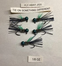 5 Crappie Panfish Jigs. 1/8 Oz. Hand Tied. Black & Bluegill Silicone.