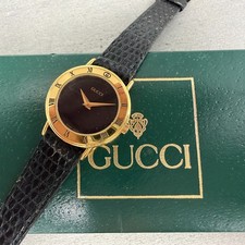 Gucci 3000.2.L Watch Women 26mm Black Dial Gold Plated Round Leather New Battery