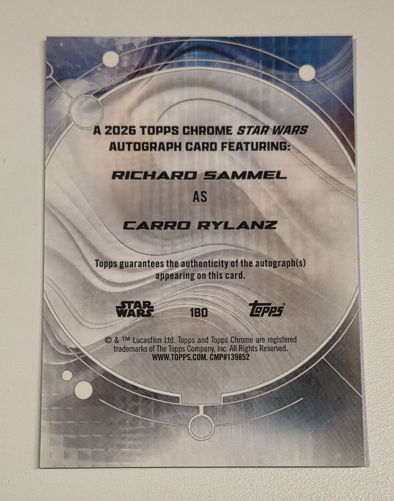 2026 Topps Chrome Star Wars Carro Rylanz Auto 180 #70/77 view 2