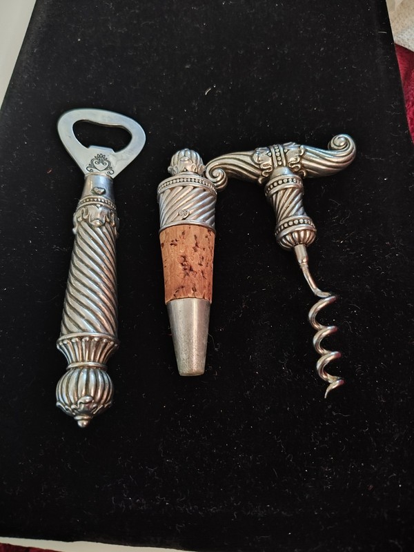 Vintage Brighton Silver Bar Set 3 Pieces Corkscrew, Wine Stopper, Bottle Opener