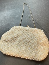 Vintage Cream Colored Beaded Purse Kiss Lock w/Chain Strap Made in Hong Kong