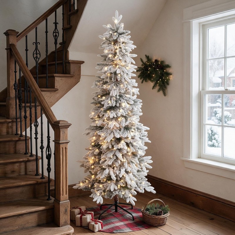 White Snow Flocked Pencil Christmas Tree 7FT w/ Light Prelit Artificial Fir Tree