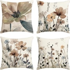 Artoid Mode Brown Poppy Floral Leaves Autumn Cushion Covers Set of 4, 45x45 cm 