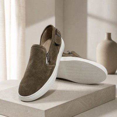Doucal s Men's Slip-On Soft Suede Loafers in Olive with Side Zippers