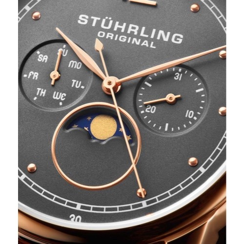 Stuhrling Original 898 04 Celestia Phase de Lune Jour Date Cuir Marron Montre - Photo 4 sur 8