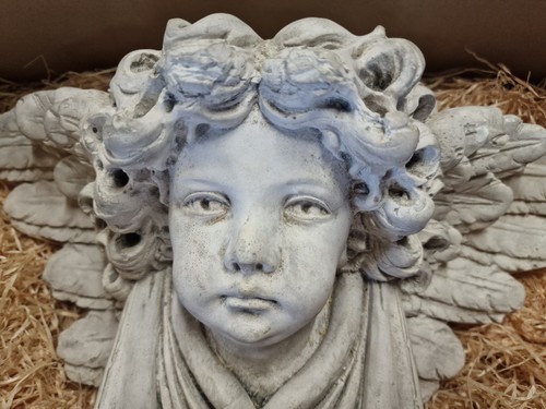 Large Vintage Plaster Winged Cherub Angel Head Wall Shelf, Baroque Style (photo 2)