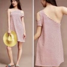 Anthropologie Maeve Marketa One-Shoulder Red Stripe Dress Sz Medium Jersey Knit