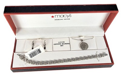 Macy s Sterling Silver 2 CT TW Genuine Diamond Necklace Bracelet Earrings Set