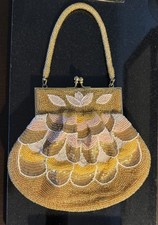 Vintage Showa Micro Bead Embroidery Bag Japanese Gold Pink White / Purse Hook