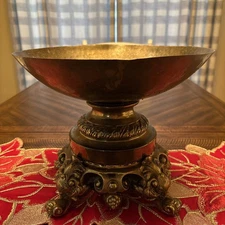 Vintage Brass & Metal Ornate Embossed Pedestal Bowl Centerpiece Victorian