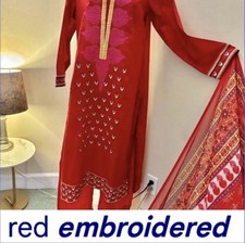 Pakistani Designer Red Self Printed Embroidered Chiffon Dupatta M Sz