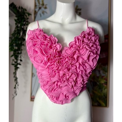 Zara Voluminous Heart Shaped 3D Floral Ruffle Crop Top Pink Size XL 7200/004