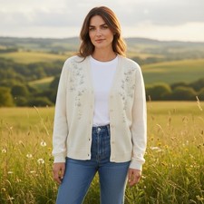 Vintage Garland Beaded Angora Lambswool Cardigan L Cream Pearl Floral Excellent